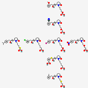 molecular formula C176H240ClFN10O41S3 B13389584 3-[3-[1-(6-Carboxyhexyl)-6-oxopiperidin-2-yl]-1-hydroxyprop-2-enyl]sulfanylbenzoic acid;7-[2-[4-(3-chlorophenyl)-3-hydroxybut-1-enyl]-6-oxopiperidin-1-yl]heptanoic acid;2-[4-[2-[4-(2-cyanophenyl)-3-hydroxybut-1-enyl]-6-oxopiperidin-1-yl]butoxy]acetic acid;5-[2-[4-(4-fluorophenyl)-3-hydroxybut-1-enyl]-6-oxopiperidin-1-yl]pentyl hydrogen carbonate;5-[2-[3-hydroxy-4-(2-methoxyphenyl)but-1-enyl]-6-oxopiperidin-1-yl]pentyl hydrogen carbonate;3-[3-[2-[3-hydroxy-4-(2-methylphenyl)but-1-enyl]-6-oxopiperidin-1-yl]propylsulfanyl]propanoic acid;3-[3-[2-[3-hydroxy-4-(4-nitrophenyl)but-1-enyl]-6-oxopiperidin-1-yl]propoxy]propanoic acid;5-[2-[3-hydroxy-4-(4-propan-2-ylphenyl)but-1-enyl]-6-oxopiperidin-1-yl]pentylsulfanylformic acid CAS No. 9029-91-8