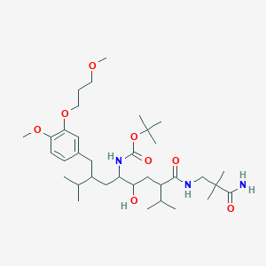 molecular formula C35H61N3O8 B13391515 tert-Butyl ((3S,5S,6S,8S)-8-((3-amino-2,2-dimethyl-3-oxopropyl)carbamoyl)-6-hydroxy-3-(4-methoxy-3-(3-methoxypropoxy)benzyl)-2,9-dimethyldecan-5-yl)carbamate 