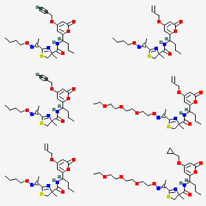 molecular formula C147H212N18O36S6 B13391626 2-(N-butoxy-C-methylcarbonimidoyl)-4-methyl-N-[1-(6-oxo-4-prop-2-enoxypyran-2-yl)butyl]-5H-1,3-thiazole-4-carboxamide;2-(N-butoxy-C-methylcarbonimidoyl)-4-methyl-N-[1-(6-oxo-4-prop-2-ynoxypyran-2-yl)butyl]-5H-1,3-thiazole-4-carboxamide;N-[1-[4-(cyclopropylmethoxy)-6-oxopyran-2-yl]butyl]-2-[N-[2-[2-(2-ethoxyethoxy)ethoxy]ethoxy]-C-methylcarbonimidoyl]-4-methyl-5H-1,3-thiazole-4-carboxamide;2-[N-[2-[2-(2-ethoxyethoxy)ethoxy]ethoxy]-C-methylcarbonimidoyl]-4-methyl-N-[1-(6-oxo-4-prop-2-enoxypyran-2-yl)butyl]-5H-1,3-thiazole-4-carboxamide 