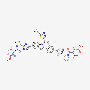 molecular formula C49H55FN10O7S B13391693 methyl N-[1-[2-[5-[6-(2-cyclopropyl-1,3-thiazol-5-yl)-1-fluoro-3-[2-[1-[2-(methoxycarbonylamino)-3-methylbutanoyl]pyrrolidin-2-yl]-1H-imidazol-5-yl]-6H-indolo[1,2-c][1,3]benzoxazin-10-yl]-1H-imidazol-2-yl]pyrrolidin-1-yl]-3-methyl-1-oxobutan-2-yl]carbamate 