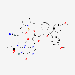 molecular formula C45H56N7O9P B13391768 N-[9-[5-[[bis(4-methoxyphenyl)-phenylmethoxy]methyl]-4-[2-cyanoethoxy-[di(propan-2-yl)amino]phosphanyl]oxy-3-methoxyoxolan-2-yl]-6-oxo-1H-purin-2-yl]-2-methylpropanamide 