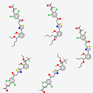 molecular formula C152H169Cl10N5O20S5 B13391917 4-[2,6-Dichloro-4-[2-[4-[3-(2,2-dimethyl-1-propoxypropyl)-2-methoxyphenyl]-1,3-thiazol-2-yl]acetyl]phenyl]-3-methylbut-3-en-2-one;4-[2,6-dichloro-4-[2-[4-[3-(1-ethoxy-2,2-dimethylpropyl)-2-methoxyphenyl]-1,3-thiazol-2-yl]acetyl]phenyl]-3-methylbut-3-en-2-one;4-[2,6-dichloro-4-[2-[4-[3-(1-ethoxypentyl)-2-methoxyphenyl]-1,3-thiazol-2-yl]acetyl]phenyl]-3-methylbut-3-en-2-one;4-[2,6-dichloro-4-[2-[4-[2-methoxy-3-(1-propoxybutyl)phenyl]-1,3-thiazol-2-yl]acetyl]phenyl]-3-methylbut-3-en-2-one;4-[2,6-dichloro-4-[2-[4-[2-methoxy-3-(1-propoxypentyl)phenyl]-1,3-thiazol-2-yl]acetyl]phenyl]-3-methylbut-3-en-2-one CAS No. 8016-63-5