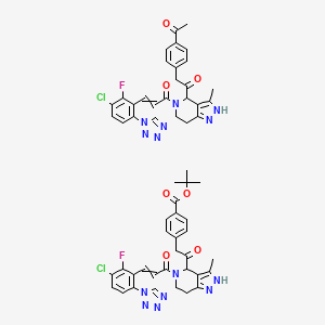 molecular formula C57H52Cl2F2N14O7 B13392029 1-[4-[2-(4-Acetylphenyl)acetyl]-3-methyl-2,4,6,7-tetrahydropyrazolo[4,3-c]pyridin-5-yl]-3-[3-chloro-2-fluoro-6-(tetrazol-1-yl)phenyl]prop-2-en-1-one;tert-butyl 4-[2-[5-[3-[3-chloro-2-fluoro-6-(tetrazol-1-yl)phenyl]prop-2-enoyl]-3-methyl-2,4,6,7-tetrahydropyrazolo[4,3-c]pyridin-4-yl]-2-oxoethyl]benzoate CAS No. 9024-82-2