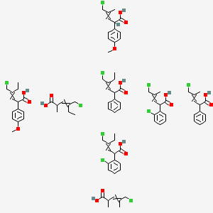 molecular formula C92H110Cl10O18 B13392166 5-Chloro-2-(2-chlorophenyl)-4-methylpent-3-enoic acid;5-chloro-2,4-dimethylpent-3-enoic acid;5-chloro-2-(4-methoxyphenyl)-4-methylpent-3-enoic acid;4-(chloromethyl)-2-(2-chlorophenyl)hex-3-enoic acid;4-(chloromethyl)-2-(4-methoxyphenyl)hex-3-enoic acid;4-(chloromethyl)-2-methylhex-3-enoic acid;4-(chloromethyl)-2-phenylhex-3-enoic acid;5-chloro-4-methyl-2-phenylpent-3-enoic acid CAS No. 223749-36-8