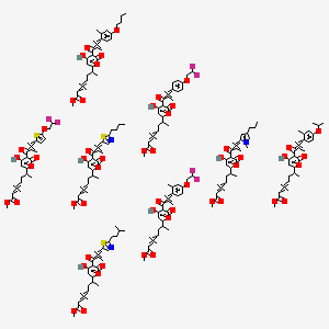 molecular formula C211H251F6N3O53S3 B13392878 Methyl 7-[5-[3-(4-butoxy-2-methylphenyl)-2-methylprop-2-enoyl]-4-hydroxy-6-oxopyran-2-yl]oct-3-enoate;methyl 7-[5-[3-(2-butyl-1,3-thiazol-5-yl)-2-methylprop-2-enoyl]-4-hydroxy-6-oxopyran-2-yl]oct-3-enoate;methyl 7-[5-[3-[4-(2,2-difluoroethoxy)-2-methylphenyl]-2-methylprop-2-enoyl]-4-hydroxy-6-oxopyran-2-yl]oct-3-enoate;methyl 7-[5-[3-[4-(2,2-difluoroethoxy)phenyl]-2-methylprop-2-enoyl]-4-hydroxy-6-oxopyran-2-yl]oct-3-enoate;methyl 7-[5-[3-[5-(2,2-difluoroethoxy)thiophen-2-yl]-2-methylprop-2-enoyl]-4-hydroxy-6-oxopyran-2-yl]oct-3-enoate;methyl 7-[4-hydroxy-5-[2-methyl-3-[2-(3-methylbutyl)-1,3-thiazol-5-yl]prop-2-enoyl]-6-oxopyran-2-yl]oct-3-enoate;methyl 7-[4-hydroxy-5-[2-methyl-3-(2-methyl-4-propan-2-yloxyphenyl)prop-2-enoyl]-6-oxopyran-2-yl]oct-3-enoate;methyl 7-[4-hydroxy-5-[2-methyl-3-(1-methyl-4-propylpyrrol-2-yl)prop-2-enoyl]-6-oxopyran-2-yl]oct-3-enoate 