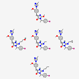 molecular formula C129H135F5N24O12 B13393065 2-Butylimino-3-[1-(4-fluorophenyl)ethyl]-5-[[3-methoxy-4-(4-methylimidazol-1-yl)phenyl]methylidene]imidazolidin-4-one;2-(cyclopropylmethylimino)-3-[1-(4-fluorophenyl)ethyl]-5-[[3-methoxy-4-(4-methylimidazol-1-yl)phenyl]methylidene]imidazolidin-4-one;2-ethylimino-3-[1-(4-fluorophenyl)ethyl]-5-[[3-methoxy-4-(4-methylimidazol-1-yl)phenyl]methylidene]imidazolidin-4-one;3-[1-(4-fluorophenyl)ethyl]-2-(3-hydroxypropylimino)-5-[[3-methoxy-4-(4-methylimidazol-1-yl)phenyl]methylidene]imidazolidin-4-one;3-[1-(4-fluorophenyl)ethyl]-2-methoxy-5-[[3-methoxy-4-(4-methylimidazol-1-yl)phenyl]methylidene]imidazol-4-one 