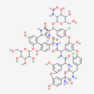 molecular formula C72H68Cl2N8O28 B13394006 2-[3-Acetamido-4,5-dihydroxy-6-(hydroxymethyl)oxan-2-yl]oxy-22-amino-5,15-dichloro-26,31,44,49,64-pentahydroxy-21,35,38,54,56,59-hexaoxo-47-[3,4,5-trihydroxy-6-(hydroxymethyl)oxan-2-yl]oxy-7,13,28-trioxa-20,36,39,53,55,58-hexazaundecacyclo[38.14.2.23,6.214,17.219,34.18,12.123,27.129,33.141,45.010,37.046,51]hexahexaconta-3,5,8,10,12(64),14,16,23(61),24,26,29(60),30,32,41(57),42,44,46(51),47,49,62,65-henicosaene-52-carboxylic acid 