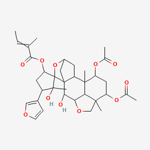 molecular formula C35H46O11 B13394083 [13,15-Diacetyloxy-4'-(furan-3-yl)-3',8-dihydroxy-1,3',12-trimethylspiro[5,10-dioxapentacyclo[7.6.1.14,7.02,7.012,16]heptadecane-6,2'-cyclopentane]-1'-yl] 2-methylbut-2-enoate 