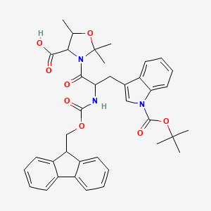 molecular formula C38H41N3O8 B13395599 3-[2-(9H-fluoren-9-ylmethoxycarbonylamino)-3-[1-[(2-methylpropan-2-yl)oxycarbonyl]indol-3-yl]propanoyl]-2,2,5-trimethyl-1,3-oxazolidine-4-carboxylic acid 