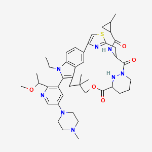 molecular formula C44H58N8O5S B13396447 N-[21-ethyl-20-[2-(1-methoxyethyl)-5-(4-methylpiperazin-1-yl)pyridin-3-yl]-17,17-dimethyl-8,14-dioxo-15-oxa-4-thia-9,21,27,28-tetrazapentacyclo[17.5.2.12,5.19,13.022,26]octacosa-1(25),2,5(28),19,22(26),23-hexaen-7-yl]-2-methylcyclopropane-1-carboxamide 