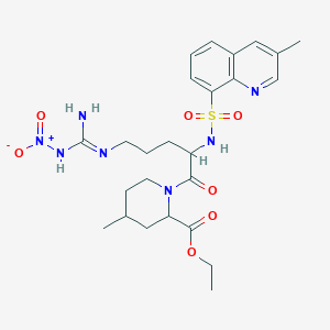 molecular formula C25H35N7O7S B13396566 2-piperidinecarboxylic acid, 1-[5-[[imino(nitroamino)methyl]amino]-2-[[(3-methyl-8-quinolinyl)sufonyl]-1-oxopentyl]-4-methyl-,ethyl ester,[2R-[1(S*), 2alpha, 4beta]]- 