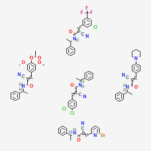 molecular formula C99H89BrCl3F3N12O9 B13396713 3-(6-bromopyridin-2-yl)-2-cyano-N-(1-phenylethyl)prop-2-enamide;3-[3-chloro-5-(trifluoromethyl)phenyl]-2-cyano-N-(1-phenylethyl)prop-2-enamide;2-cyano-3-(3,4-dichlorophenyl)-N-(1-phenylethyl)prop-2-enamide;[4-[2-cyano-3-oxo-3-(1-phenylethylamino)prop-1-enyl]-2,6-dimethoxyphenyl] acetate;2-cyano-N-(1-phenylethyl)-3-(4-piperidin-1-ylphenyl)prop-2-enamide 