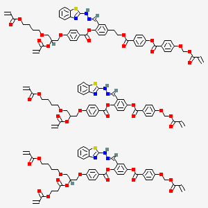 molecular formula C147H135N9O43S3 B13396744 [2-[(1,3-Benzothiazol-2-ylhydrazinylidene)methyl]-4-[2-[4-[4-(prop-2-enoyloxymethoxy)benzoyl]oxybenzoyl]oxyethyl]phenyl] 4-[2-prop-2-enoyloxy-3-(4-prop-2-enoyloxybutoxy)propoxy]benzoate;[2-[(1,3-benzothiazol-2-ylhydrazinylidene)methyl]-4-[4-(prop-2-enoyloxymethoxy)benzoyl]oxyphenyl] 4-[3-(4-prop-2-enoyloxybutoxy)-2-(3-prop-2-enoyloxypropanoyloxy)propoxy]benzoate;[2-[(1,3-benzothiazol-2-ylhydrazinylidene)methyl]-4-[4-(prop-2-enoyloxymethoxy)benzoyl]oxyphenyl] 4-[2-prop-2-enoyloxy-3-(4-prop-2-enoyloxybutoxy)propoxy]benzoate CAS No. 12227-55-3