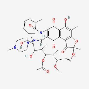 molecular formula C43H56N4O12 B13397558 [2,15,17-Trihydroxy-11-methoxy-3,7,12,14,16,18,22-heptamethyl-26-[(4-methylpiperazin-1-yl)iminomethyl]-6,23,27,29-tetraoxo-8,30-dioxa-24-azatetracyclo[23.3.1.14,7.05,28]triaconta-1(28),2,4,9,19,21,25-heptaen-13-yl] acetate 