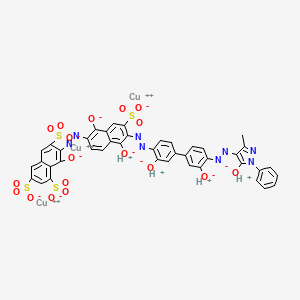 molecular formula C42H20Cu3N8O18S4.4H<br>C42H24Cu3N8O18S4 B13397959 Cuprate(4-), (mu3-(7-((6-((4'-((4,5-dihydro-3-methyl-5-(oxo-kappaO)-1-phenyl-1H-pyrazol-4-yl)azo-kappaN1)-3,3'-di(hydroxy-kappaO)(1,1'-biphenyl)-4-yl)azo-kappaN1)-1,5-di(hydroxy-kappaO)-7-sulfo-2-naphthalenyl)azo-kappaN1)-8-(hydroxy-kappaO)-1,3,6-naphthalenetrisulfonato(10-)))tri-, tetrahydrogen CAS No. 71735-54-1
