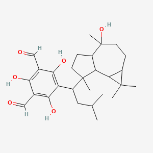 molecular formula C28H40O6 B13402426 2,4,6-Trihydroxy-5-[1-(4-hydroxy-1,1,4,7-tetramethyl-1a,2,3,4a,5,6,7a,7b-octahydrocyclopropa[h]azulen-7-yl)-3-methylbutyl]benzene-1,3-dicarbaldehyde CAS No. 144372-45-2