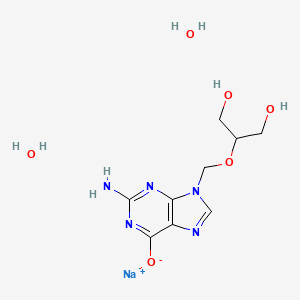 molecular formula C9H16N5NaO6 B13403003 Sodium;2-amino-9-(1,3-dihydroxypropan-2-yloxymethyl)purin-6-olate;dihydrate 
