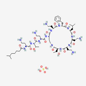 molecular formula C55H98N16O17S B13404410 N-[(2S)-4-amino-1-[[(2S)-1-[[(2S)-4-amino-1-oxo-1-[[(3S,6S,9S,12S,15R,18S,21S)-6,9,18-tris(2-aminoethyl)-15-benzyl-3-(1-hydroxyethyl)-12-(2-methylpropyl)-2,5,8,11,14,17,20-heptaoxo-1,4,7,10,13,16,19-heptazacyclotricos-21-yl]amino]butan-2-yl]amino]-3-hydroxy-1-oxobutan-2-yl]amino]-1-oxobutan-2-yl]-6-methylheptanamide;sulfuric acid 
