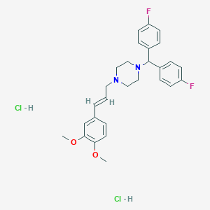 molecular formula C₂₈H₃₂Cl₂F₂N₂O₂ B134045 Piperazine, 1-(bis(4-fluorophenyl)methyl)-4-(3-(3,4-dimethoxyphenyl)-2-propenyl)-, dihydrochloride CAS No. 99661-27-5