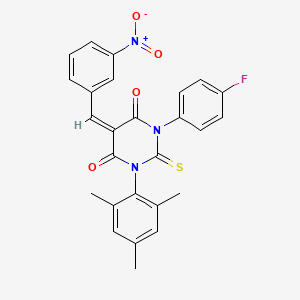 molecular formula C26H20FN3O4S B13407426 4,6(1H,5H)-Pyrimidinedione, dihydro-1-(4-fluorophenyl)-5-((3-nitrophenyl)methylene)-2-thioxo-3-(2,4,6-trimethylphenyl)- CAS No. 79838-97-4