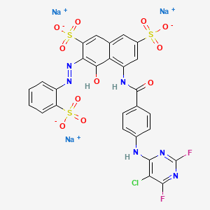 molecular formula C27H14ClF2N6Na3O11S3 B13408098 2,7-Naphthalenedisulfonic acid, 5-[[4-[(5-chloro-2,6-difluoro-4-pyrimidinyl)amino]benzoyl]amino]-4-hydroxy-3-[(2-sulfophenyl)azo]-, trisodium salt CAS No. 72152-49-9