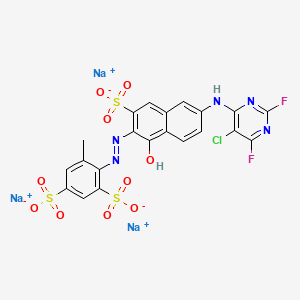 molecular formula C21H11ClF2N5Na3O10S3 B13408754 Trisodium 2-[[6-[(5-chloro-2,6-difluoropyrimidin-4-YL)amino]-1-hydroxy-3-sulphonato-2-naphthyl]azo]toluene-3,5-disulphonate CAS No. 69121-15-9