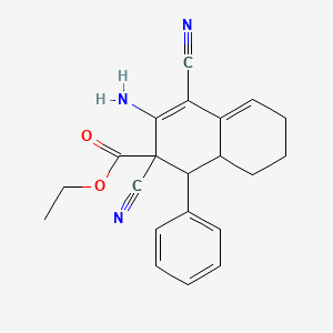 molecular formula C21H21N3O2 B13408944 Ethyl 3-amino-2,4-dicyano-1-phenyl-1,2,6,7,8,8a-hexahydronaphthalene-2-carboxylate 