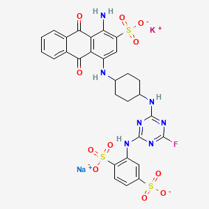 molecular formula C29H23FKN7NaO11S3- B13411203 2-((4-((4-((4-Amino-9,10-dihydro-9,10-dioxo-3-sulpho-1-anthryl)amino)cyclohexyl)amino)-6-fluoro-1,3,5-triazin-2-yl)amino)benzene-1,4-disulphonic acid, potassium sodium salt CAS No. 72987-16-7