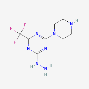 molecular formula C8H12F3N7 B13414112 s-Triazine, 2-hydrazino-4-piperazinyl-6-(trifluoromethyl)- CAS No. 58892-45-8