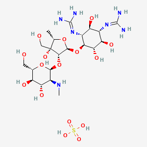 molecular formula C21H43N7O16S B13414923 N''-[(1S,2S,3R,4S,5S,6R)-3-[(diaminomethylidene)amino]-4-{[(2R,3R,4R,5S)-3-{[(2S,3S,4S,5R,6S)-4,5-dihydroxy-6-(hydroxymethyl)-3-(methylamino)oxan-2-yl]oxy}-4-hydroxy-4-(hydroxymethyl)-5-methyloxolan-2-yl]oxy}-2,5,6-trihydroxycyclohexyl]guanidine; sulfuric acid 