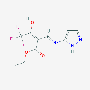 molecular formula C10H10F3N3O3 B13416673 ethyl (E)-4,4,4-trifluoro-3-hydroxy-2-[(E)-1H-pyrazol-5-yliminomethyl]but-2-enoate 