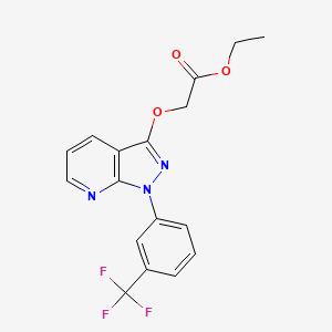 molecular formula C17H14F3N3O3 B13416719 Acetic acid, ((1-(alpha,alpha,alpha-trifluoro-m-tolyl)-1H-pyrazolo(3,4-b)pyridin-3-yl)oxy)-, ethyl ester CAS No. 34580-65-9