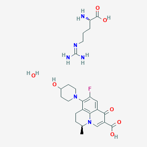 molecular formula C25H37FN6O7 B13421327 (2S)-2-amino-5-(diaminomethylideneamino)pentanoic acid;(12S)-7-fluoro-8-(4-hydroxypiperidin-1-yl)-12-methyl-4-oxo-1-azatricyclo[7.3.1.05,13]trideca-2,5,7,9(13)-tetraene-3-carboxylic acid;hydrate 