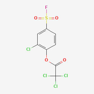 molecular formula C8H3Cl4FO4S B13422974 Benzenesulfonyl fluoride, 3-chloro-4-hydroxy-, trichloroacetate CAS No. 23379-03-5