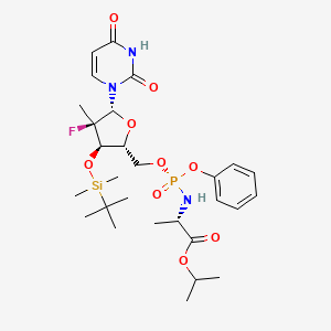 molecular formula C28H43FN3O9PSi B13439990 N-[[P(S),2'R]-2'-deoxy-3'-O-[(1,1-dimethylethyl)dimethylsilyl]-2'-fluoro-2'-methyl-P-phenyl-5'-uridylyl]-L-alanine 1-Methylethyl Ester 