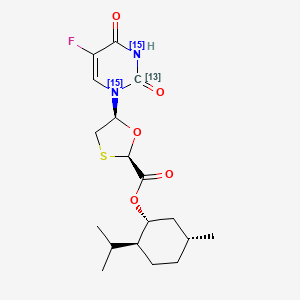 molecular formula C18H25FN2O5S B13443356 (2R,5S)-((1R,2S,5R)-2-Isopropyl-5-methylcyclohexyl)-5-(5-fluoro-2,4-dioxo-3,4-dihydropyrimidin-1(2H)-yl)-1,3-oxathiolate-13C,15N2 