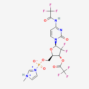 molecular formula C17H15F8N5O8P+ B13448797 [(2R,3R,5R)-4,4-difluoro-5-[2-oxo-4-[(2,2,2-trifluoroacetyl)amino]pyrimidin-1-yl]-3-(2,2,2-trifluoroacetyl)oxyoxolan-2-yl]methoxy-(1-methyl-1H-imidazole-1,3-diium-3-yl)phosphinate 