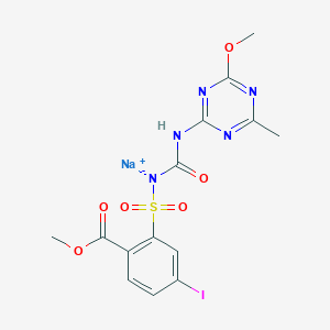 molecular formula C14H13IN5NaO6S B134614 Sodium;(5-iodo-2-methoxycarbonylphenyl)sulfonylcarbamoyl-(4-methoxy-6-methyl-1,3,5-triazin-2-yl)azanide CAS No. 144550-36-7