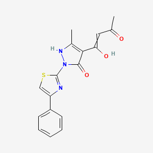 molecular formula C17H15N3O3S B1348016 3-hydroxy-1-[5-hydroxy-3-methyl-1-(4-phenyl-1,3-thiazol-2-yl)-1H-pyrazol-4-yl]-2-buten-1-one 