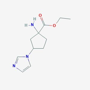 molecular formula C11H17N3O2 B13482496 Ethyl 1-amino-3-(1h-imidazol-1-yl)cyclopentane-1-carboxylate 