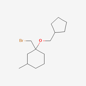 molecular formula C14H25BrO B13484609 1-(Bromomethyl)-1-(cyclopentylmethoxy)-3-methylcyclohexane 