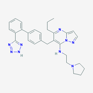 molecular formula C29H33N9 B134854 Pyrazolo(1,5-a)pyrimidin-7-amine, 5-propyl-N-(2-(1-pyrrolidinyl)ethyl)-6-((2'-(1H-tetrazol-5-yl)(1,1'-biphenyl)-4-yl)methyl)- CAS No. 151327-11-6