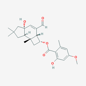 molecular formula C24H30O6 B135263 [(2R,2aR,4aR,7aR,7bS)-3-formyl-4a-hydroxy-6,6,7b-trimethyl-1,2,2a,5,7,7a-hexahydrocyclobuta[e]inden-2-yl] 2-hydroxy-4-methoxy-6-methylbenzoate CAS No. 129741-56-6
