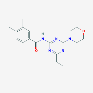 molecular formula C19H25N5O2 B135420 Benzamide, 3,4-dimethyl-N-(4-(4-morpholinyl)-6-propyl-1,3,5-triazin-2-yl)- CAS No. 127375-07-9