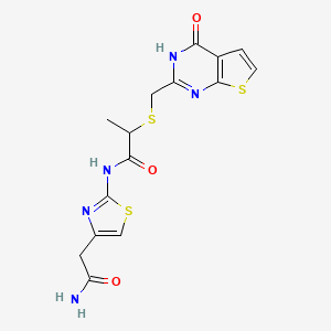 molecular formula C15H15N5O3S3 B13544187 N-[4-(carbamoylmethyl)-1,3-thiazol-2-yl]-2-[({4-oxo-1H,4H-thieno[2,3-d]pyrimidin-2-yl}methyl)sulfanyl]propanamide 