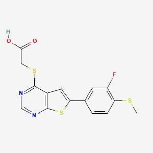 molecular formula C15H11FN2O2S3 B13573610 2-({6-[3-Fluoro-4-(methylsulfanyl)phenyl]thieno[2,3-d]pyrimidin-4-yl}sulfanyl)acetic acid 