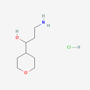 molecular formula C8H18ClNO2 B13585735 3-Amino-1-(oxan-4-yl)propan-1-olhydrochloride 