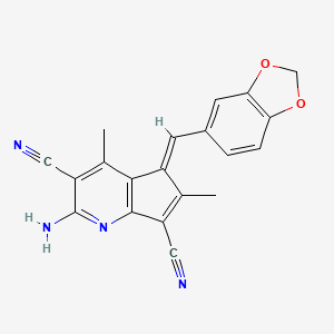 molecular formula C20H14N4O2 B13586079 (5E)-2-amino-5-(1,3-benzodioxol-5-ylmethylidene)-4,6-dimethyl-5H-cyclopenta[b]pyridine-3,7-dicarbonitrile 