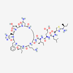 molecular formula C66H103N17O16S B13587564 (4R)-4-[[(2S)-2-[[(4R)-2-[(1S,2S)-1-amino-2-methylbutyl]-4,5-dihydro-1,3-thiazole-4-carbonyl]amino]-4-methylpentanoyl]amino]-5-[[(2S,3S)-1-[[(6R,9S,15S)-3-(2-amino-2-oxoethyl)-18-(3-aminopropyl)-12-benzyl-15-[(2S)-butan-2-yl]-6-(carboxymethyl)-9-(1H-imidazol-5-ylmethyl)-2,5,8,11,14,17,20-heptaoxo-1,4,7,10,13,16,19-heptazacyclopentacos-21-yl]amino]-3-methyl-1-oxopentan-2-yl]amino]-5-oxopentanoic acid 