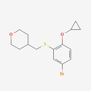 molecular formula C15H19BrO2S B13592417 4-{[(5-Bromo-2-cyclopropoxyphenyl)sulfanyl]methyl}oxane 